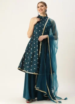 Dupatta From Blue Art Silk Halter Neck Sharara Suit After Six Wear -Mahra Clothing Shop Blue Art Silk Halter Neck Sharara Suit SLBS02305247 u