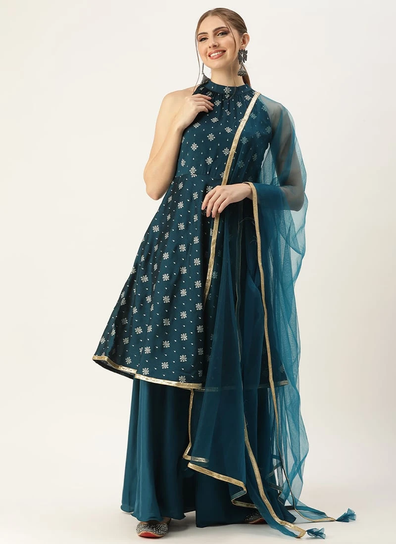 Teen Girls Blue Art Silk Halter Neck Sharara Suit Festive Wear 3 Teen Girls Blue Art Silk Halter Neck Sharara Suit Festive Wear - Image 3