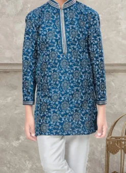 Blue Art Silk Kids Boys Kurta Pyjama Party Wear