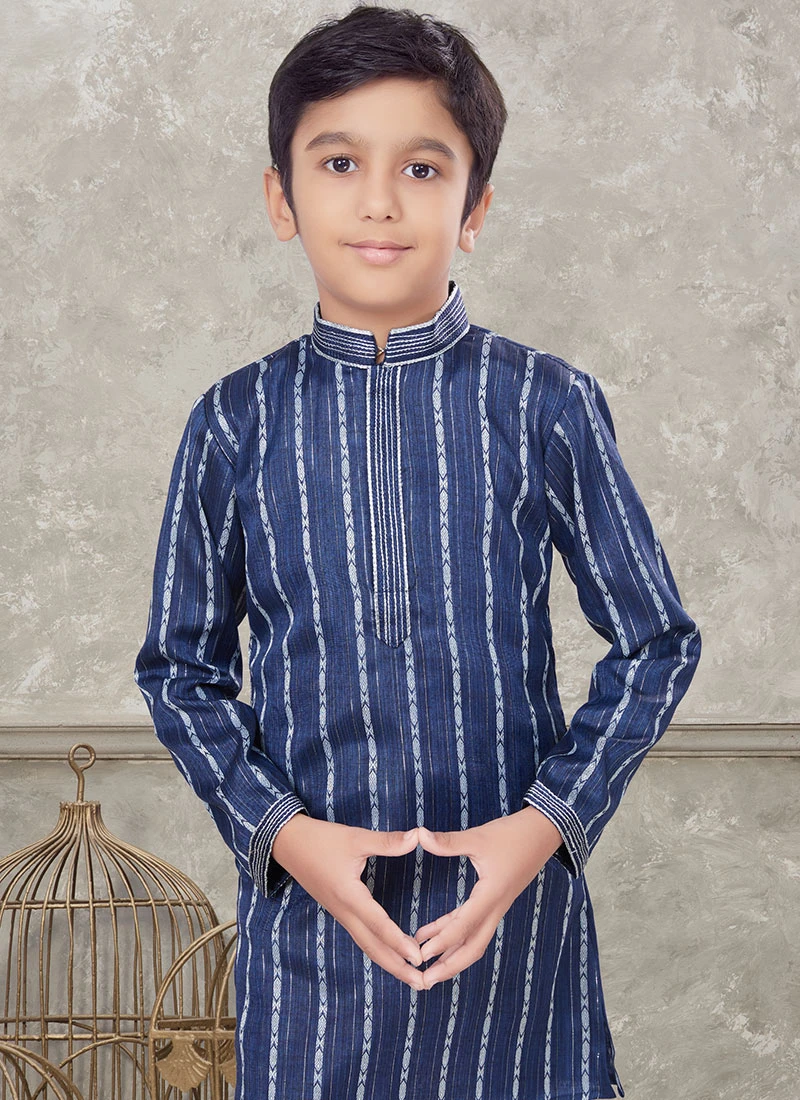 Blue Blended Cotton Kids Boys Kurta Pyjama Party Wear 3 Blue Blended Cotton Kids Boys Kurta Pyjama Party Wear - Image 3