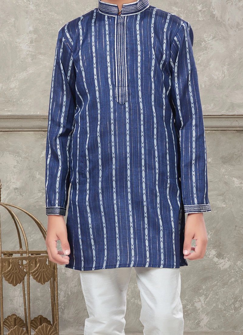 Blue Blended Cotton Kids Boys Kurta Pyjama Party Wear 1 Blue Blended Cotton Kids Boys Kurta Pyjama Party Wear