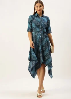 Blue Chanderi Art Silk Handkerchief Style Dress After Six Wear Festive Wear -Mahra Clothing Shop Blue Chanderi Art Silk Handkerchief Style Dress DRBS02203499 u 1