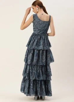 Teen Girls Blue Chinon Digital Printed Layered Gown Party Wear -Mahra Clothing Shop Blue Chinon Digital Printed Layered Gown IWBS02307660 b