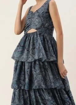 Teen Girls Blue Chinon Digital Printed Layered Gown Party Wear