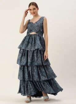 Teen Girls Blue Chinon Digital Printed Layered Gown Party Wear -Mahra Clothing Shop Blue Chinon Digital Printed Layered Gown IWBS02307660 u