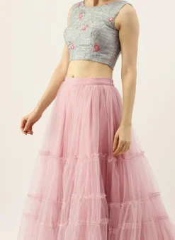 Blue Chinon Embroidered N Pink Tiered Lehenga Festive Wear
