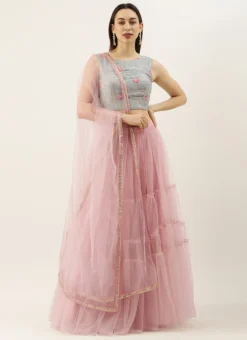 Blue Chinon Embroidered N Pink Tiered Lehenga Festive Wear -Mahra Clothing Shop Blue Chinon Embroidered N Pink Tiered Lehenga GHBS02104238 u