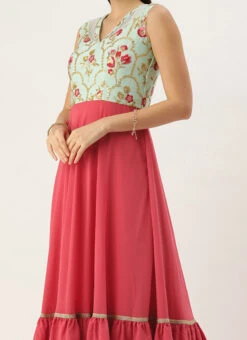 Teen Girls Blue Chinon N Pink Georgette Gown Festive Wear