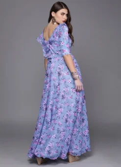 Blue Digital Print V Neck Gown Party Wear -Mahra Clothing Shop Blue Digital Print V Neck Gown IWBS02308956 b