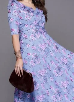 Teen Girls Blue Digital Print V Neck Gown Party Wear