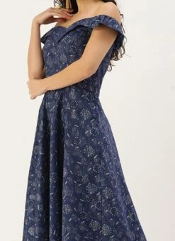 Blue Digital Printed Art Silk Off Shoulder Dress After Six Wear
