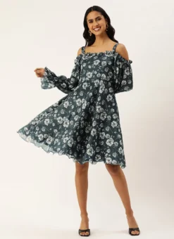 Blue Digital Printed Chinon Dress Party Wear -Mahra Clothing Shop Blue Digital Printed Chinon Dress DRBS02308892 u