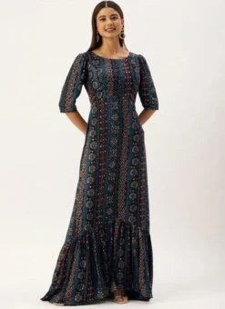 Blue Digital Printed Maxi Dress Party Wear -Mahra Clothing Shop Blue Digital Printed Maxi Dress DRBS02110966 u