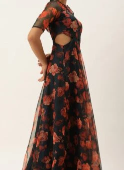 Teen Girls Blue Digital Printed Organza Gown Party Wear