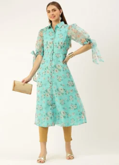 Blue Digital Printed Organza Kurti Festive Wear -Mahra Clothing Shop Blue Digital Printed Organza Kurti KRBS02303819 u