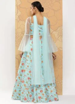 Teen Girls Blue Embroidered Art Silk Bell Sleeves Lehenga Wedding Wear -Mahra Clothing Shop Blue Embroidered Art Silk Bell Sleeves Lehenga GHBS02302148 b