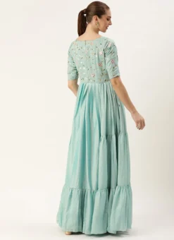 Teen Girls Blue Embroidered Art Silk Tiered Gown Festive Wear -Mahra Clothing Shop Blue Embroidered Art Silk Tiered Gown IWBS02308893 b