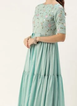 Teen Girls Blue Embroidered Art Silk Tiered Gown Festive Wear