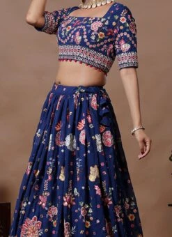 Teen Girls Blue Embroidered Gathered Style Lehenga Set Wedding Wear