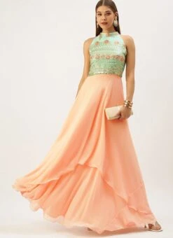 Teen Girls Blue Embroidered N Peach Layered Gown Party Wear -Mahra Clothing Shop Blue Embroidered N Peach Layered Gown IWBS02203575 u