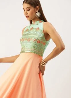 Teen Girls Blue Embroidered N Peach Layered Gown Party Wear -Mahra Clothing Shop Blue Embroidered N Peach Layered Gown IWBS02203575 rrc1