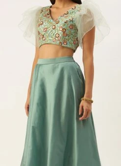 Teen Girls Blue Embroidered Ruffles Style Lehenga Set Festive Wear