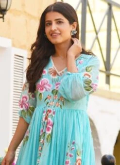 Blue Faux Chiffon Digital Print Fit And Flare Dress After Six Wear -Mahra Clothing Shop Blue Faux Chiffon Digital Print Fit And Flare Dress DRSSUF1302 b