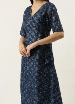 Teen Girls Blue Foil Calf Length Kurta Set Work Wear