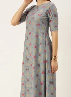 Blue Foil Print Muslin N Beige Straight Pant Suit Festive Wear