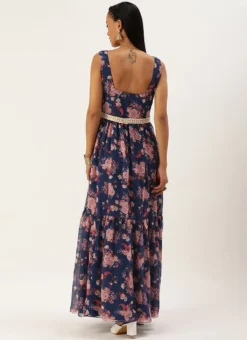 Blue Georgette Digital Printed Tiered Dress Festive Wear -Mahra Clothing Shop Blue Georgette Digital Printed Tiered Dress DRBS02302270 b