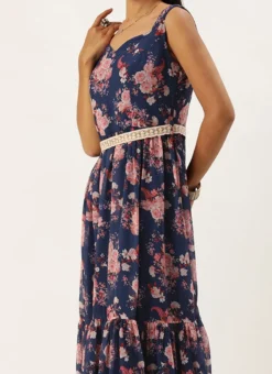 Blue Georgette Digital Printed Tiered Dress Festive Wear