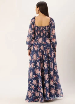 Teen Girls Blue Georgette Printed Pleated Yoke Gown Festive Wear -Mahra Clothing Shop Blue Georgette Printed Pleated Yoke Gown IWBS02303633 b