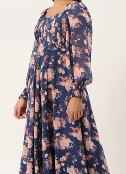 Teen Girls Blue Georgette Printed Pleated Yoke Gown Festive Wear