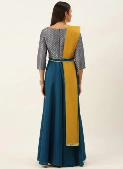 Teen Girls Blue Jacquard N Freesia Yellow Dupatta Style Gown Festive Wear -Mahra Clothing Shop Blue Jacquard N Freesia Yellow Dupatta Style Gown IWBS02201199 b