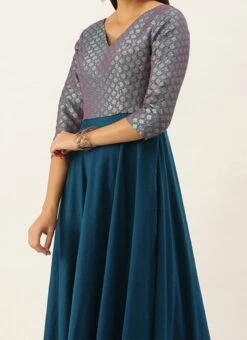 Teen Girls Blue Jacquard N Freesia Yellow Dupatta Style Gown Festive Wear