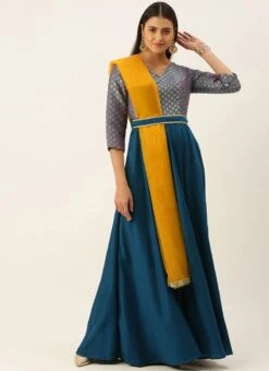Teen Girls Blue Jacquard N Freesia Yellow Dupatta Style Gown Festive Wear -Mahra Clothing Shop Blue Jacquard N Freesia Yellow Dupatta Style Gown IWBS02201199 u
