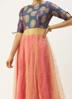 Blue Jacquard N Pink Art Silk Long Choli Lehenga Festive Wear