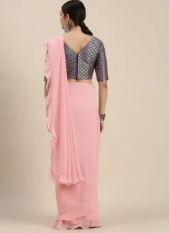 Teen Girls Blue Jacquard N Pink Ruffles Saree Festive Wear -Mahra Clothing Shop Blue Jacquard N Pink Ruffles Saree SABS02111129 b