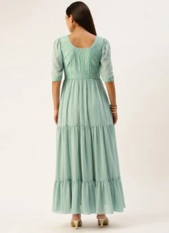 Blue Modal Satin N Geogette Flare Dress Festive Wear 11 Blue Modal Satin N Geogette Flare Dress Festive Wear -Mahra Clothing Shop Blue Modal Satin N Geogette Flare Dress DRBS02301788 b