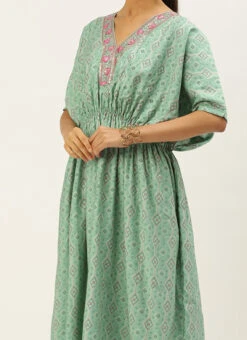 Teen Girls Blue Modal Satin Print Kaftan Gown Festive Wear