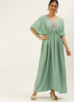 Teen Girls Blue Modal Satin Print Kaftan Gown Festive Wear -Mahra Clothing Shop Blue Modal Satin Print Kaftan Gown IWBS02206267 u