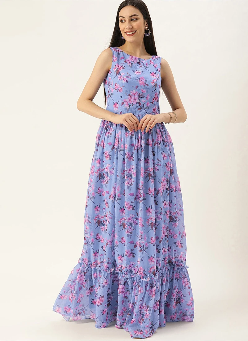 Blue N Pink Digital Printed Georgette Tiered Dress After Six Wear 3 Blue N Pink Digital Printed Georgette Tiered Dress After Six Wear - Image 3