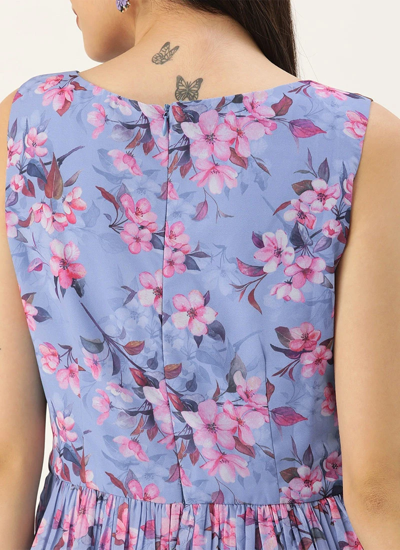 Blue N Pink Digital Printed Georgette Tiered Dress After Six Wear 6 Blue N Pink Digital Printed Georgette Tiered Dress After Six Wear - Image 6