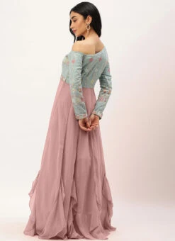 Teen Girls Blue N Pink Embroidered One Shoulder Ruffle Gown Party Wear -Mahra Clothing Shop Blue N Pink Embroidered One Shoulder Ruffle Gown IWBS02301752 b