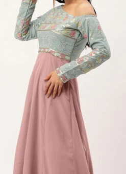 Teen Girls Blue N Pink Embroidered One Shoulder Ruffle Gown Party Wear