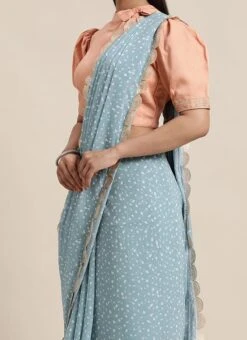 Teen Girls Blue N White Digital Printed Georgette N Blouse Festive Wear