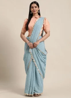 Teen Girls Blue N White Digital Printed Georgette N Blouse Festive Wear -Mahra Clothing Shop Blue N White Digital Printed Georgette N Blouse SABS02012706 u