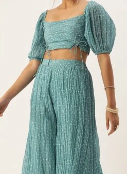 Bottom From Blue N White Printed Pleated Georgette Co-ords After Six Wear