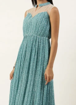 Teen Girls Blue N White Printed Pleated Georgette Gown Party Wear