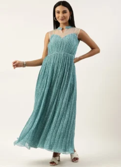 Teen Girls Blue N White Printed Pleated Georgette Gown Party Wear -Mahra Clothing Shop Blue N White Printed Pleated Georgette Gown IWBS02211196 u